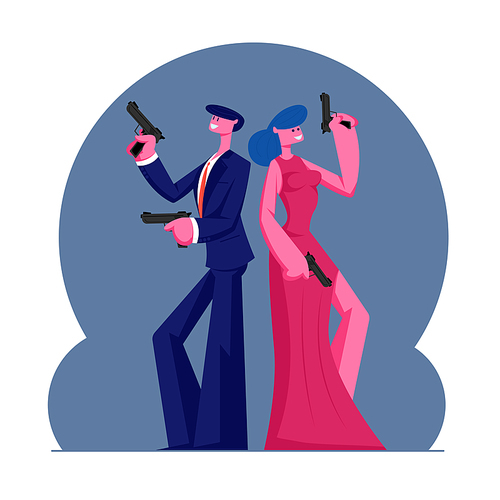 Young Self-confident Couple of Man and Woman in Modern Evening Clothes Holding Guns Stand Back to Back. Secret Agents Mission, Actor and Actress Playing Role in Movie. Cartoon Flat Vector Illustration
