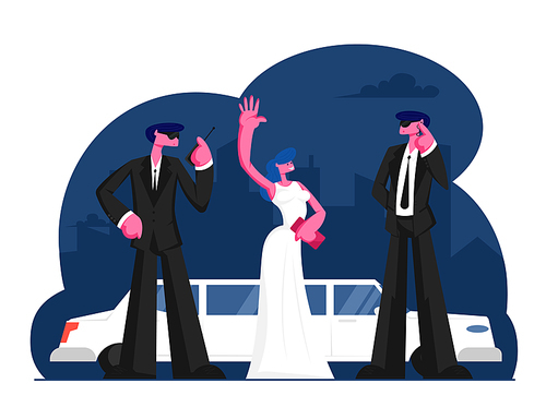 Young Famous Woman Stand at Limousine Waving Hands. Girl in White Dress and Men Guardians in Black Suits on Red Carpet Award Ceremony. Luxury Celebrity Lifestyle. Cartoon Flat Vector Illustration