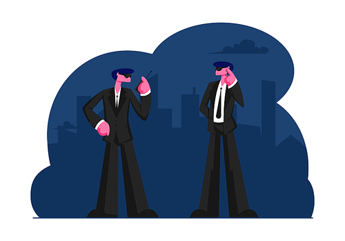 Couple of Male Bodyguards Characters Wearing Black Suit Waiting Celebrity or Famous Vip Person Arriving Talking by Walkie-Talkie. Professional Client Assistance. Cartoon Flat Vector Illustration