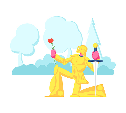 Knight in Gold Sparkling Armor Stand on Knee with Sword and Rose Flower Giving Oath or Love Confession. Historical, Fairy Tale Scene, Actor Playing Role in Movie. Cartoon Flat Vector Illustration