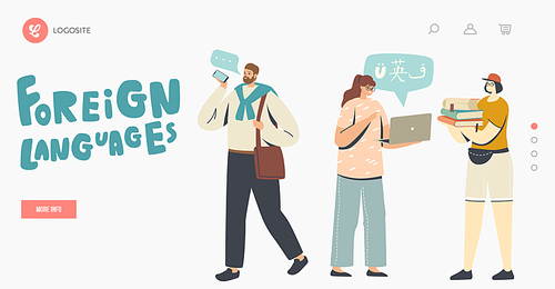 People Study Foreign Languages Landing Page Template. Characters Use Online Translator and Translation Services, App for Speech Translating and Multilingual Dictionary. Cartoon Vector Illustration