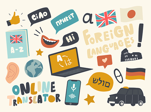 Set of Icons Foreign Language Translation Service Theme. Laptop, Country Flags, Taxi Car and Smiling Mouth, Mobile Phone with Application, Ear and World Landmark Coliseum. Cartoon Vector Illustration