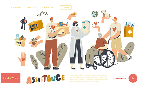 aged people aid landing page template. volunteers characters help to seniors push ., walk together. man and woman carry bags with products and medical drugs. linear vector illustration