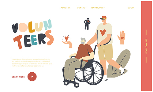 character help to old disabled people in nursing home landing page template. young volunteer or nurse social worker care of seniors driving sick man on .. linear people vector illustration