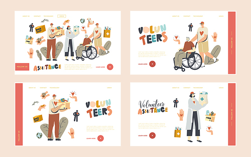 aged people aid landing page template set. volunteers characters help to seniors push ., walk together. man and woman carry bags with products and medical drugs. linear vector illustration