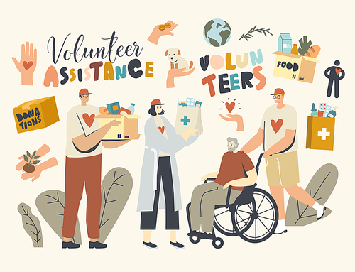 volunteers characters help to seniors, push . with old, walk together. man and woman carry bags with products and medical drugs for aged helpless elderly people. linear vector illustration