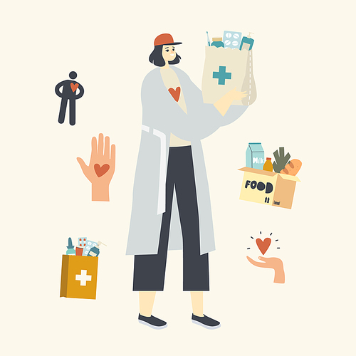 Volunteer or Courier Female Character Deliver Medicines to Senior or Helpless People to Home. Medical Drugs Delivery Service, Online Pharmacy, Drugstore Pills Prescription. Linear Vector Illustration