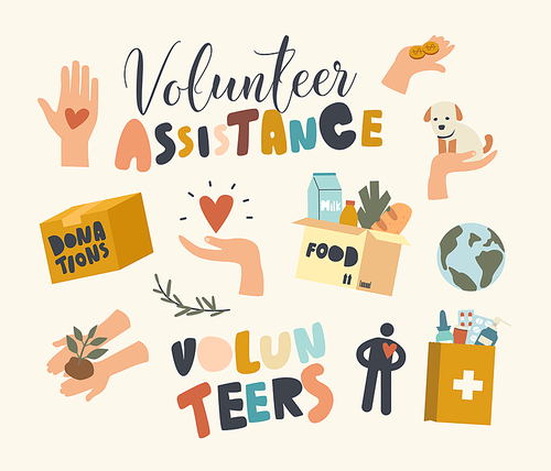 Set of Icons Volunteer Assistance and Help to People Theme. Donation Box, Human Hand and Heart Symbol, Grocery, Food and Medical Drugs, Earth Globe, Green Sprout and Puppy. Linear Vector Illustration