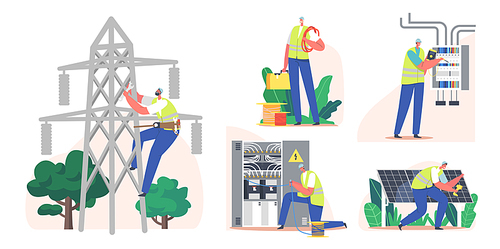 Set Electrical Utility Delivery of Energy to Consumer. Electrician Worker Install Solar Panels, Electricity Transmission and Distribution. Character Measure Voltage. Cartoon People Vector Illustration