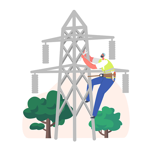 Electrician Worker Character Climbing on Power Line for Repairing. Electrical Facilities Concept with Repairman Engineer in Uniform at Wiring Maintenance Work. Cartoon People Vector Illustration