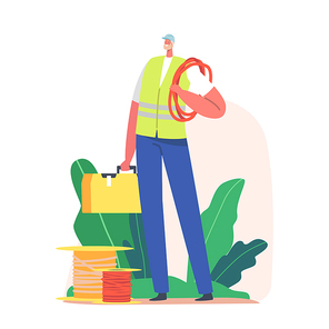 Electrician Worker with Tools. Male Character Wear Uniform and Hardhat Ready for Maintenance and Repairing Works. Handyman with Equipment, Cable and Toolbox. Cartoon People Vector Illustration