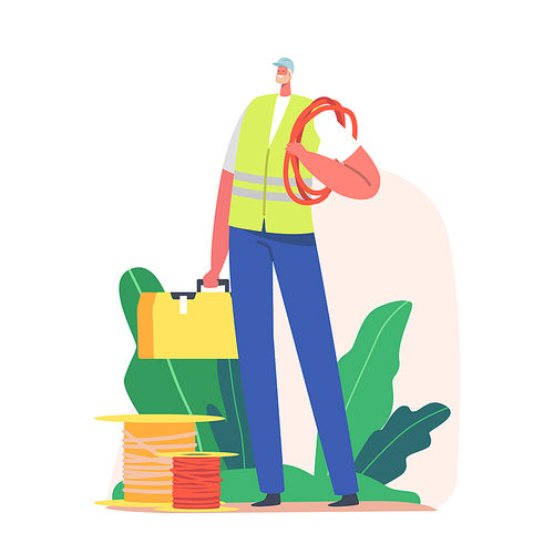 Electrician Worker with Tools. Male Character Wear Uniform and Hardhat Ready for Maintenance and Repairing Works. Handyman with Equipment, Cable and Toolbox. Cartoon People Vector Illustration