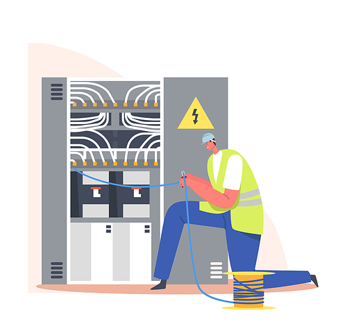 Electrician Cutting Wires at Dashboard. Fire, Energy and Electrical Safety Concept. Foreman Character in Robe Examine and Repairment Working Draft at Fuse Box. Cartoon People Vector Illustration