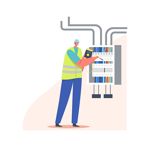 Electrician Worker Examine Working Draft or Measure Voltage at Dashboard. Fire, Energy and Electrical Safety Concept. Foreman Electrician Character in Robe Repairment Work. Cartoon Vector Illustration