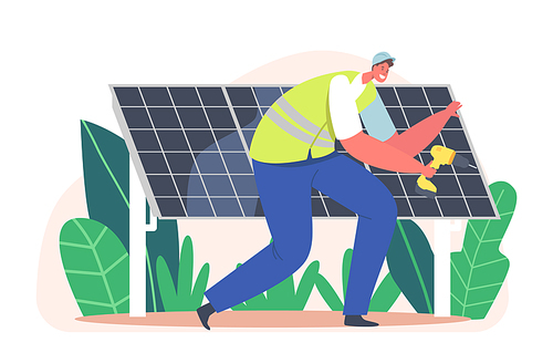 Electrician Worker Installing Solar Panels, Alternative Clean Energy Concept with Engineer Character with Instrument. Renewable Power Sources, Technical Innovation. Cartoon People Vector Illustration