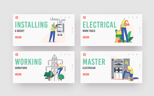 Electrical Energy Works Landing Page Template Set. Electrician Worker Install Solar Panels, Electricity Transmission and Distribution. Character Measure Voltage. Cartoon People Vector Illustration