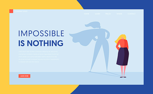 Business Woman with Super Hero Cloak Shadow Silhouette. Female Character Businesswoman Leadership Motivation Concept, Superhero. Website Landing Page, Web Page Cartoon Flat Vector Illustration, Banner