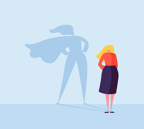 Business Woman with a Super Hero Shadow. Female Character with Cape Silhouette. Businesswoman Leadership Motivation Concept. Vector illustration