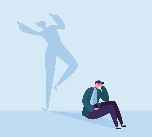 Depressed Businessman with Happy Shadow. Male Character with Silhouette of Dancing Man. Depression, Stress, Frustration Concept. Vector illustration