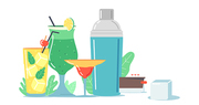 Cold Drinks, Alcohol Beverages in Glass Cups with Straw and Shaker. Bartender Desk with Chairs. Summer Refreshment, Juice or Water with Tropical Fruits, Ice Cubes and Mint. Cartoon Vector Illustration