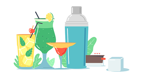 Cold Drinks, Alcohol Beverages in Glass Cups with Straw and Shaker. Bartender Desk with Chairs. Summer Refreshment, Juice or Water with Tropical Fruits, Ice Cubes and Mint. Cartoon Vector Illustration