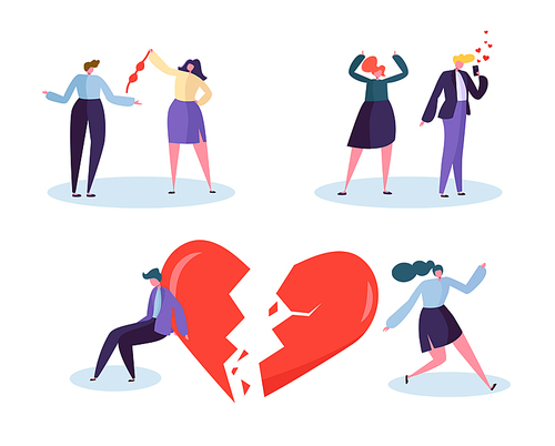 Broken Heart People Love Relation Concept. Unhappy Male and Female Character Suspect Partner Jealousy. Wife See How Husband Talking with Girlfriend. Flat Cartoon Vector Illustration