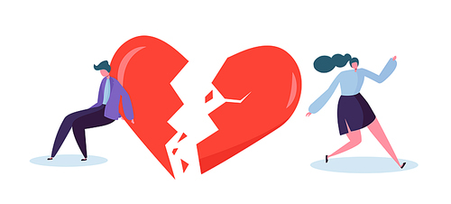 Broken Heart People Lover Concept. Sad Young Man and Woman Character Suspect Partner Jealousy. Crisis Family Relationship. Emotion Partner Conflict Flat Cartoon Vector Illustration