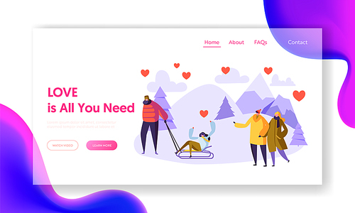 Man Character Love Woman Winter Landscape Landing Page. Happy Couple Romantic Day in Cold Mountain. Valentines Romance Pair Outdoor for Website Web Page. Flat Cartoon Vector Illustration