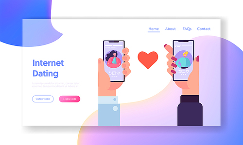 Online Dating Application Concept Landing Page. Male and Female Chatting in Social Network. Hand Holding Smartphone Website or Web Page. Virtual Relationship Flat Cartoon Vector Illustration