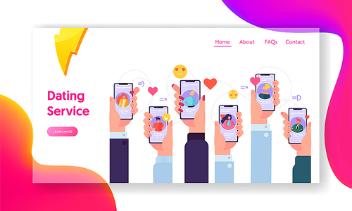 Online Dating Application Concept Landing Page. People in Internet Write Message Each Other. Hand Holding Smartphone Website or Web Page. Virtual Relationship Flat Cartoon Vector Illustration