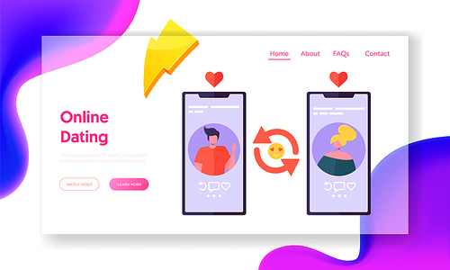 Online Dating Application Concept Landing Page. Male and Female Profile in Social Network. Couple Having Romantic Chatting Website or Web Page. Virtual Relationship Flat Cartoon Vector Illustration