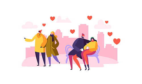 Male and Female Characters in Love. Happy Couples Romantic Day in the City. Valentines Card with People in Love. Vector illustration