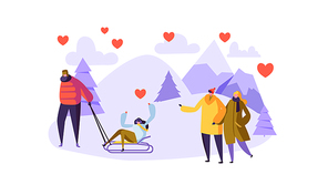 Male and Female Characters in Love on Winter Landscape. Happy Couples Romantic Day in the Mountains. Valentines Card with People in Love. Vector illustration