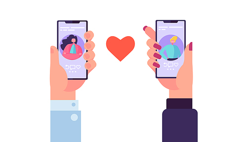 Smartphone Dating Application to Find Love. Hands Holding Mobile with Man and Woman Profile Romance App. Social Relationship Communication. Flat Cartoon Vector Illustration