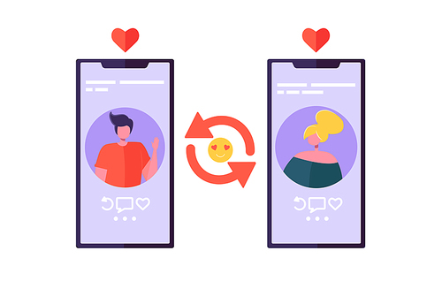 Online Dating Chat App for Romance Connection. Man and Woman Characters Flirting on Smartphone Screen. Modern Social Communication Concept. Flat Cartoon Vector Illustration