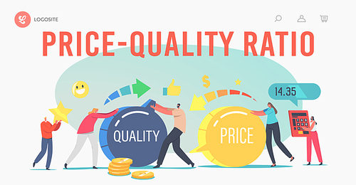 Price and Quality Ratio Landing Page Template. Tiny Characters Turning Huge Switches. Customers Satisfaction with Product Cost and Worth. Shopping Offer for Buyers. Cartoon People Vector Illustration