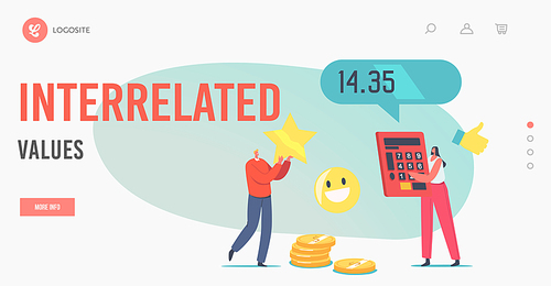 Interrelated Values Landing Page Template. Price and Quality Balance. Tiny Characters Holding Huge Calculator and Gold Star. Customer Satisfaction with Product Cost. Cartoon People Vector Illustration