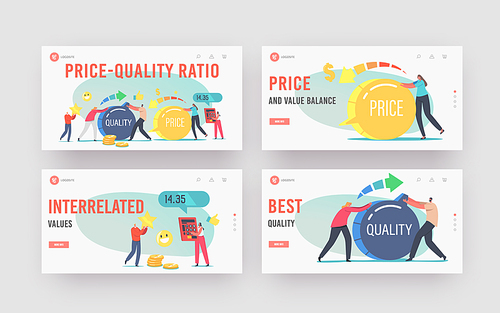 Price and Quality Ratio Landing Page Template Set. Tiny Characters Turn Huge Switches. Customers Satisfaction with Product Cost and Worth. Shopping Offer for Buyers. Cartoon People Vector Illustration