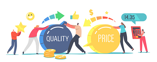 Price and Quality Balance Concept. Tiny Male Female Characters Turning Huge Switches. Customers Satisfaction with Product Cost and Worth. Shopping Offer for Buyers. Cartoon People Vector Illustration