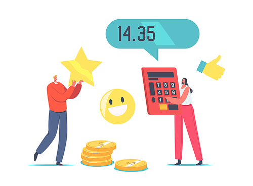 Price and Quality Balance. Tiny Characters Holding Huge Calculator and Gold Star. Customers Satisfaction with Product Cost and Worth. Shopping Offer for Buyers. Cartoon People Vector Illustration