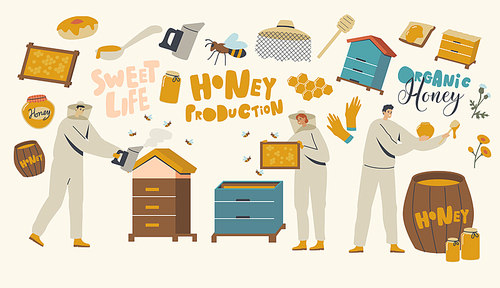 Characters Extracting Honey Concept. Beekeepers in Protective Outfit at Apiary Taking Honeycomb, Smoke and Put to Jar. Producing Natural Eco Product, Beekeeping Farm. Linear People Vector Illustration