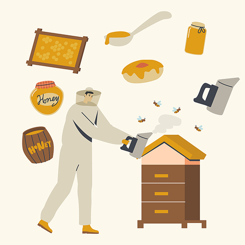 Male Character in Protective Uniform and Hat Caring of Bees Smoking Hive with Honeycombs. Beekeeping Apiary Industry. Man Farmer Producing Honey. Apiculture Natural Product. Linear Vector Illustration
