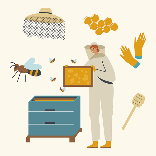 Apiculture, Honey Production, Beekeeping. Beekeeper Female Character in Protective Suit with Hat Caring of Bees Taking Frame with Honey in Honeycombs from Hive on Apiary. Linear Vector Illustration