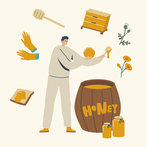 Beekeeper Character Put Honey to Glass Jars from Wooden Barrel. Farmer Extracting Bees Production for Sale. Smiling Man Holding Honey Dipper. Organic Natural Sweet Food. Linear Vector Illustration