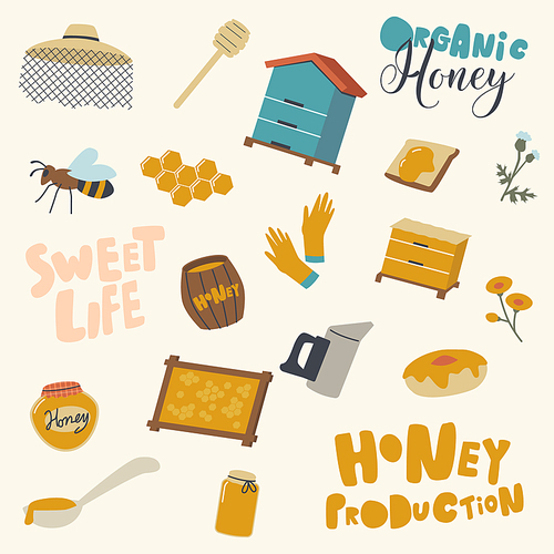 Set of Icons Honey Production and Beekeeping Industry. Wooden Hive, Dipper and Beekeeper Hat with Bee and Honeycombs. Barrel, Glass Jar or Sweet Bakery with Teapot, Flowers. Linear Vector Illustration