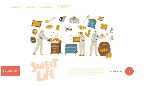 Characters Extracting Honey Landing Page Template. Beekeepers in Protective Outfit at Apiary Taking Honeycomb, Smoke and Put to Jar. Natural Product, Beekeeping Farm. Linear People Vector Illustration