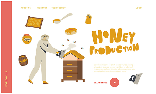 Man Farmer Producing Honey. Apiculture Natural Product Landing Page Template. Male Character in Protective Uniform and Hat Caring of Bees Smoking Hive, Beekeeping Apiary. Linear Vector Illustration