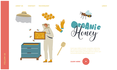 Apiculture, Honey Production, Beekeeping Landing Page Template. Beekeeper Female Character in Protective Suit with Hat Taking Frame with Honey in Honeycomb from Apiary Hive. Linear Vector Illustration