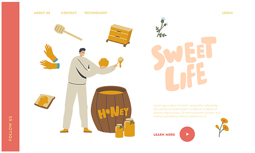 Organic Natural Sweet Food Landing Page Template. Beekeeper Character Put Honey to Glass Jars from Wooden Barrel. Farmer Extracting Bee Production for Sale. Man Hold Dipper. Linear Vector Illustration