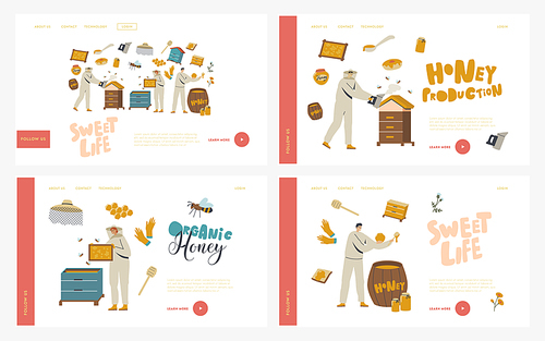 Characters Extracting Honey Landing Page Template Set. Beekeepers in Protective Outfit at Apiary Taking Honeycomb, Smoke, Put to Jar Natural Product, Beekeeping Farm. Linear People Vector Illustration
